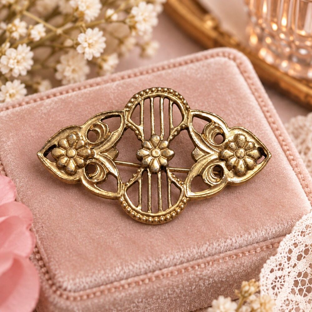 Vintage Gold Tone Floral Filigree Brooch, Art Nouveau Style Flower Pin